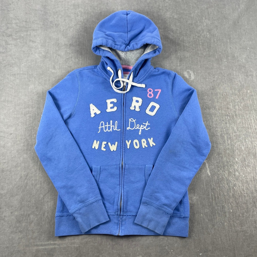 Aeropostale Womens Medium Blue Full Zip Hoodie Athl Dept Graphic Fleece